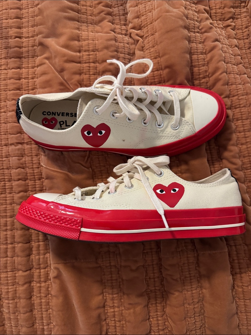 Converse Cream Canvas Sneakers with Red Heart and Red Sole